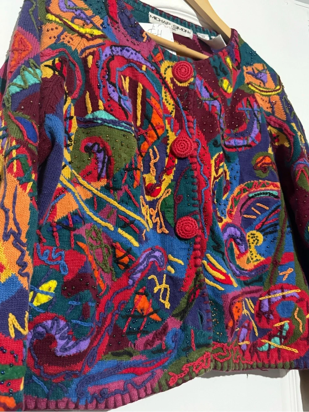 Michael Simon Multicolor Abstract Knit Cardigan with Red and Purple Accents